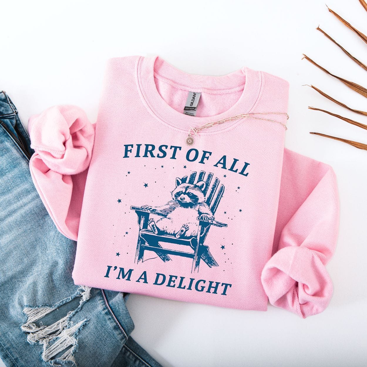 Sweatshirt S / Light Pink First Of All I'm A Delight Raccoon Sweatshirt