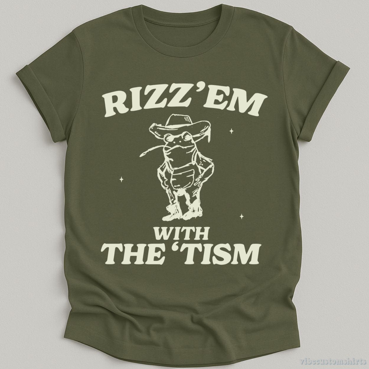 T-Shirt Military Green / S Rizz Em With The Tism Vintage Shirt, Autism Awareness T-Shirt, Farmer Cute Frog Tee, Retro Cartoon T Shirt, Meme Frog T Shirt, Fun Gift
