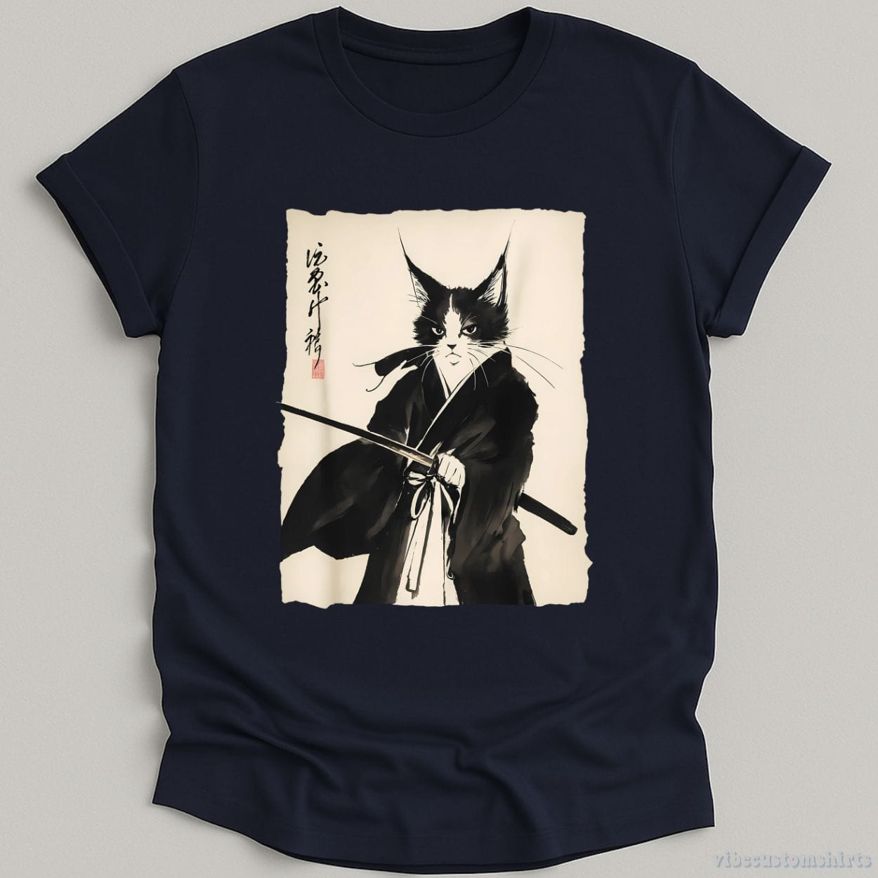 T-Shirt Navy / S Vintage Warrior Samurai Cat Shirt