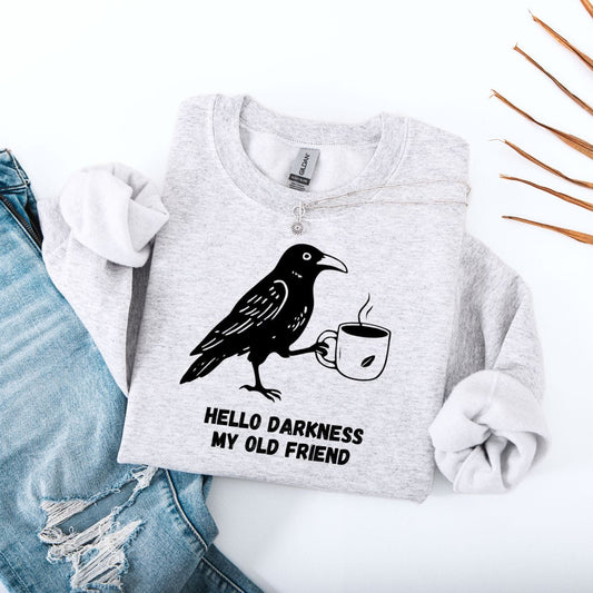 Sweatshirt S / Ash Hello Darkness My Old Friend Crow Coffee Lover Sweatshirt