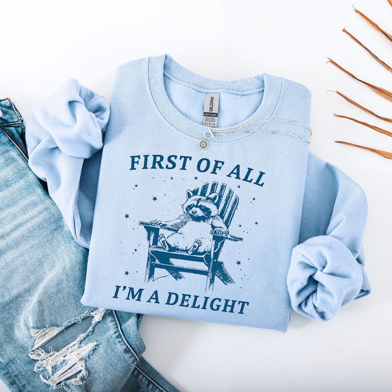 Sweatshirt S / Light Blue First Of All I'm A Delight Raccoon Sweatshirt
