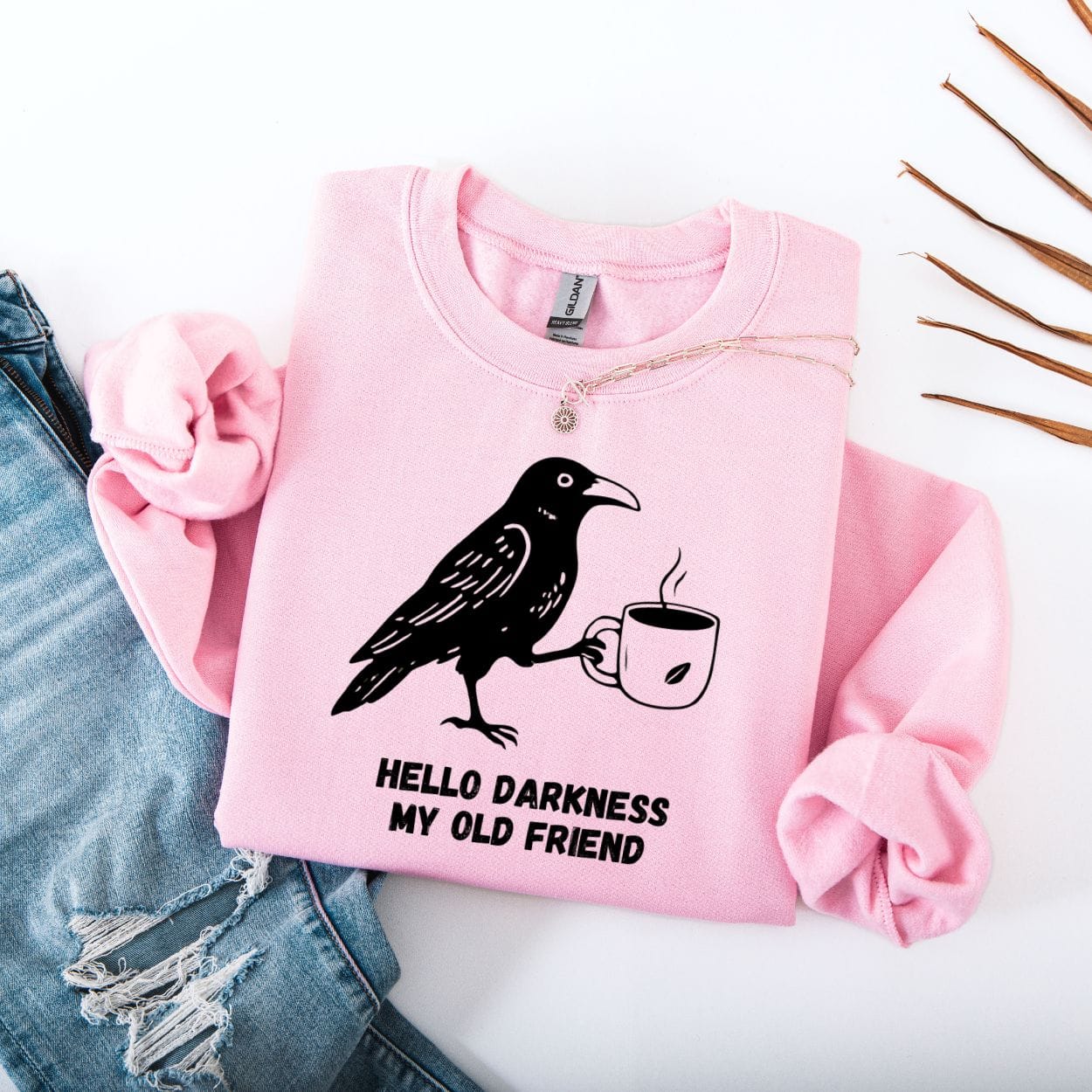 Sweatshirt S / Light Pink Hello Darkness My Old Friend Crow Coffee Lover Sweatshirt
