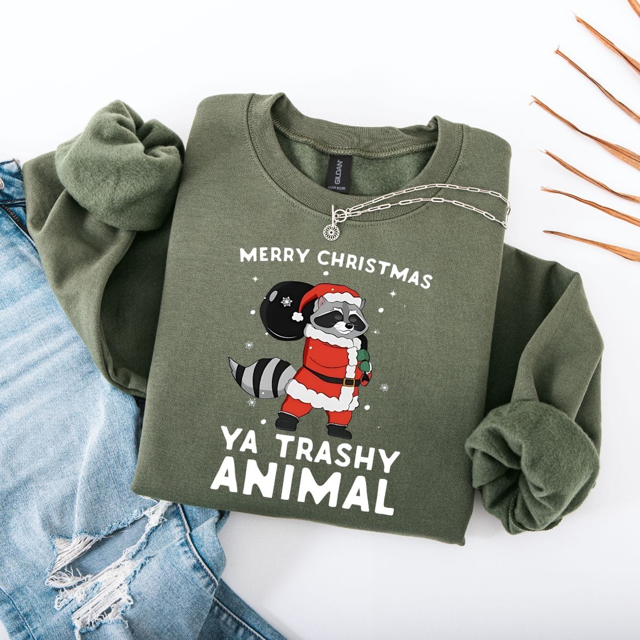 Sweatshirt S / Military Green Merry Christmas Ya Trashy Animal Sweatshirt