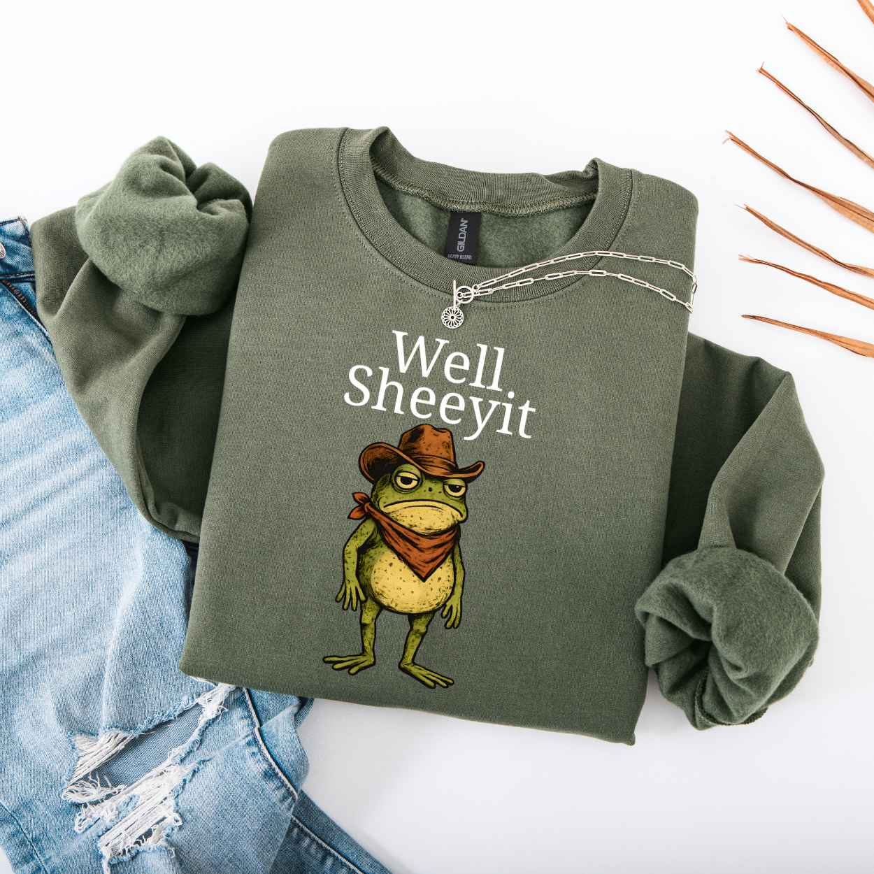 Sweatshirt S / Military Green Well Sheeyit Funny Cowboy Frog Sweatshirt