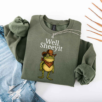 Sweatshirt S / Military Green Well Sheeyit Funny Cowboy Frog Sweatshirt