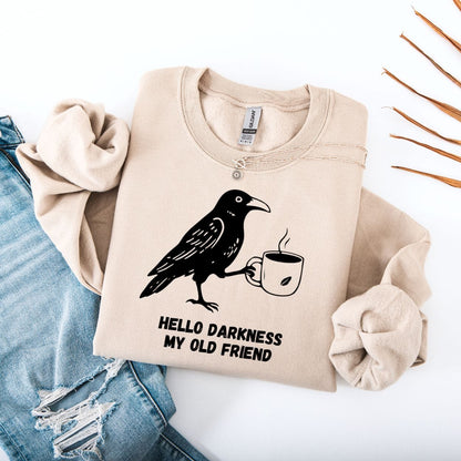Sweatshirt S / Sand Hello Darkness My Old Friend Crow Coffee Lover Sweatshirt