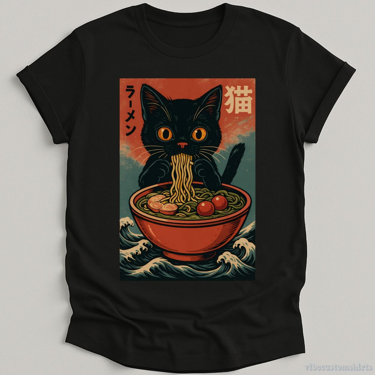 T-Shirt Black / S Anime Cat Ramen Japanese Funny Graphic Shirt