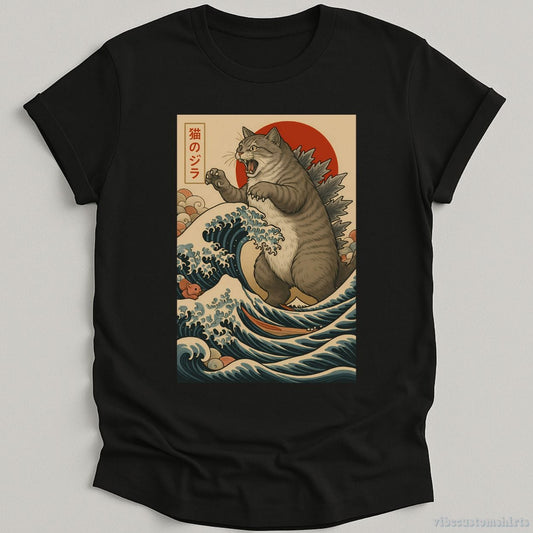 T-Shirt Black / S Catzilla Japanese Art Funny Cat Shirt