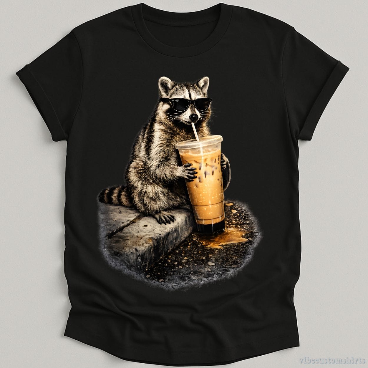 T-Shirt Black / S Raccoon Drinking Iced Coffee Shirt
