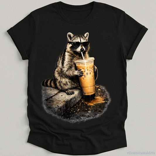T-Shirt Black / S Raccoon Drinking Iced Coffee Shirt