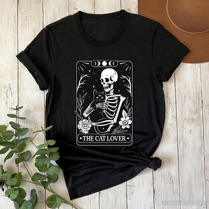 T-Shirt Black / S Skeleton Cat Lover Tarot Card Shirt