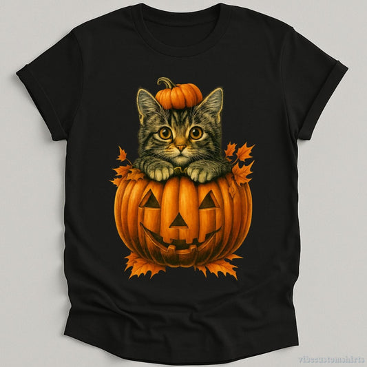 T-Shirt Black / S Spooky Cat in Pumpkin Halloween Shirt