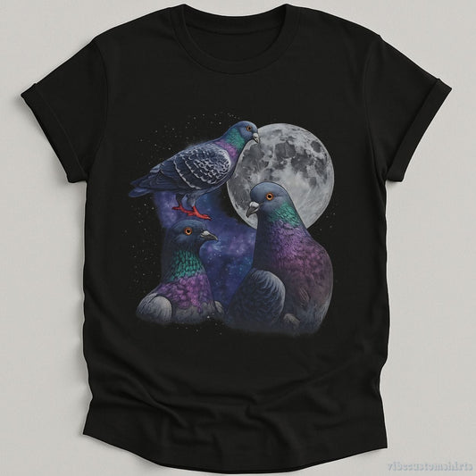 T-Shirt Black / S Three Pigeon Moon Retro Funny Shirt