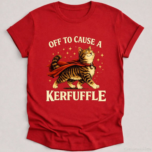 T-Shirt Cardinal Red / S Off To Cause A Kerfuffle Funny Cat Shirt