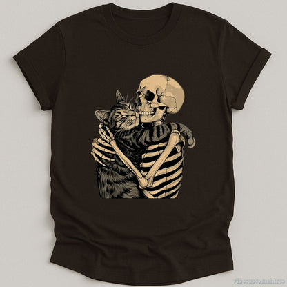 T-Shirt Dark Chocolate / S Skeleton Hugging Cat Halloween Meme Shirt