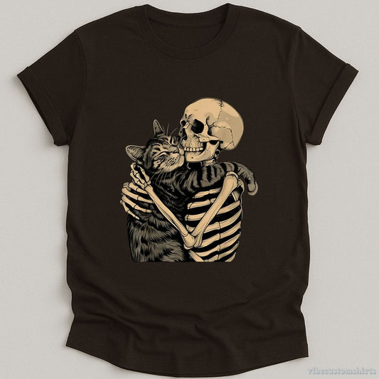 T-Shirt Dark Chocolate / S Skeleton Hugging Cat Halloween Meme Shirt