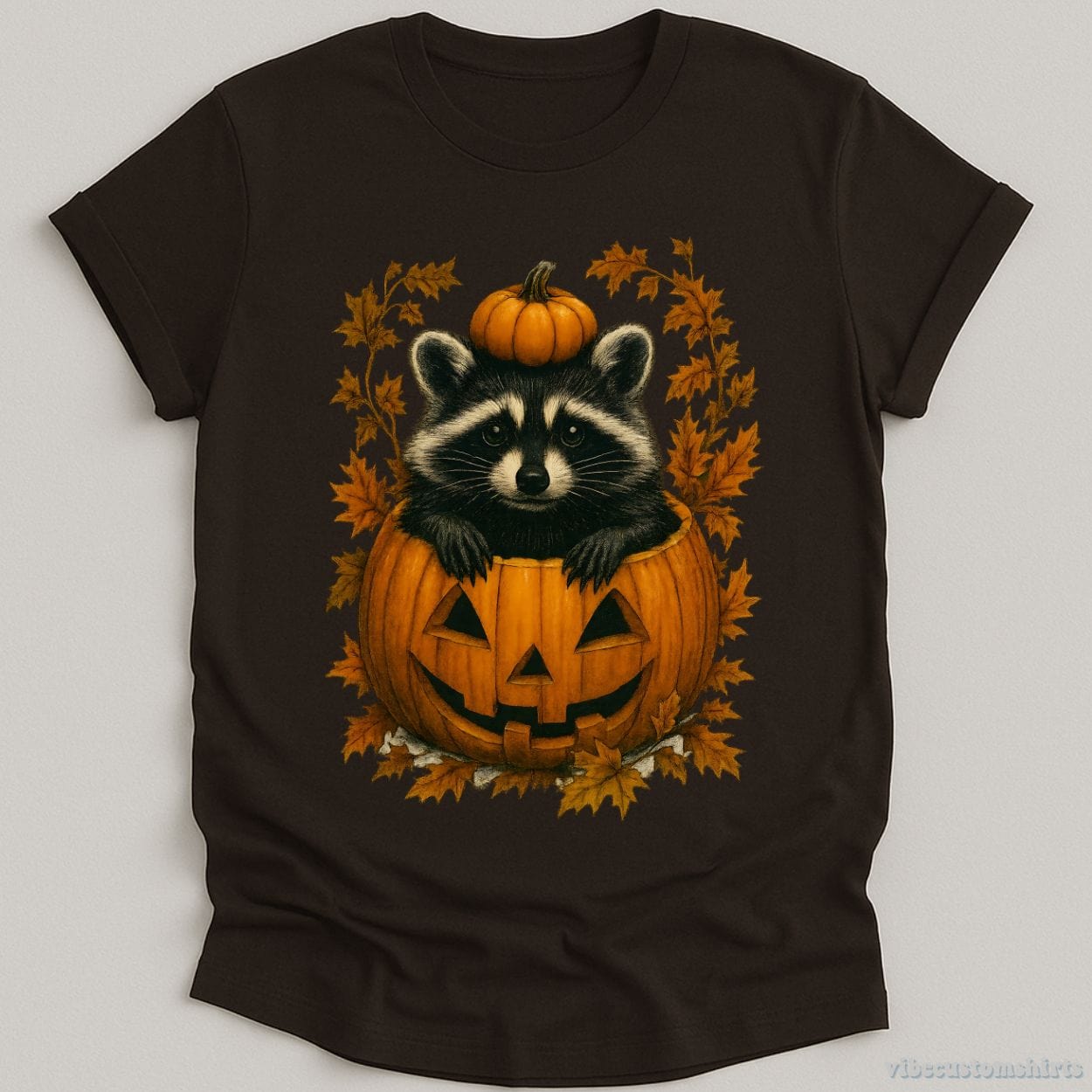T-Shirt Dark Chocolate / S Spooky Raccoon in Pumpkin Halloween Shirt