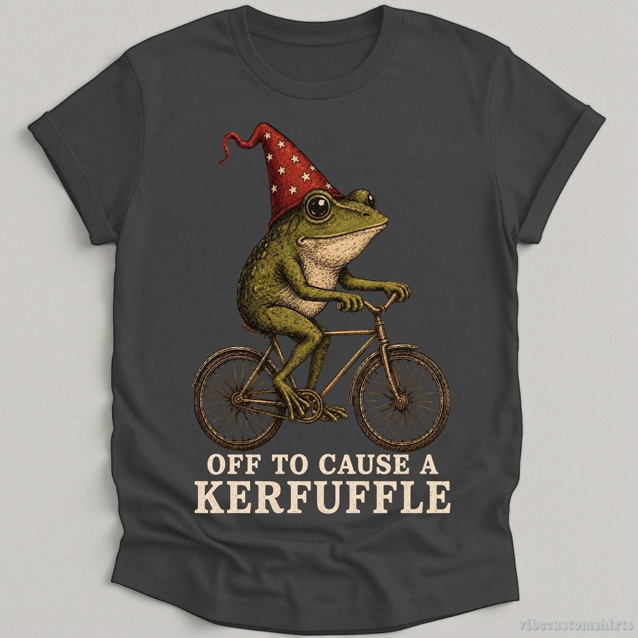 T-Shirt Dark Heather Grey / S Off To Cause A Kerfuffle Vintage Frog on a Bicycle Shirt