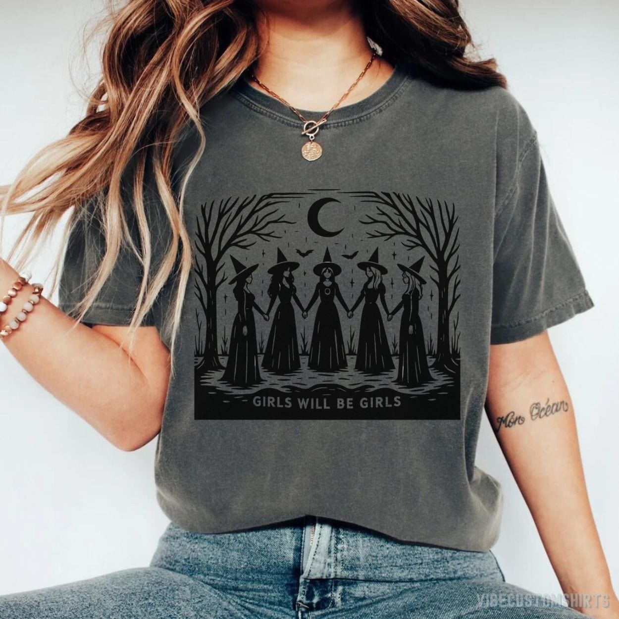 T-Shirt Dark Heather / S Girls Will Be Girls Funny Witch Vintage Shirt
