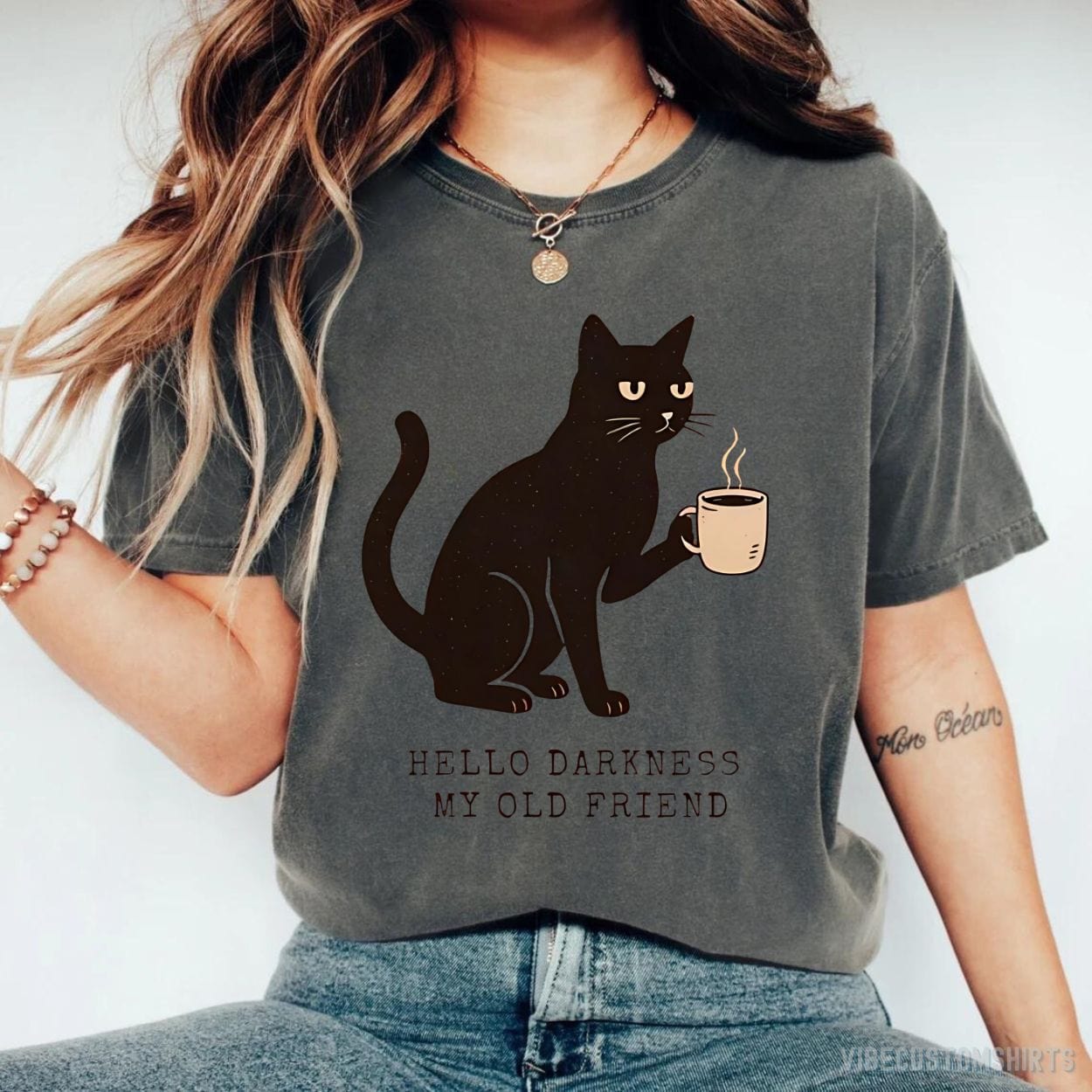 T-Shirt Dark Heather / S Hello Darkness My Old Friend Black Cat Coffee Shirt