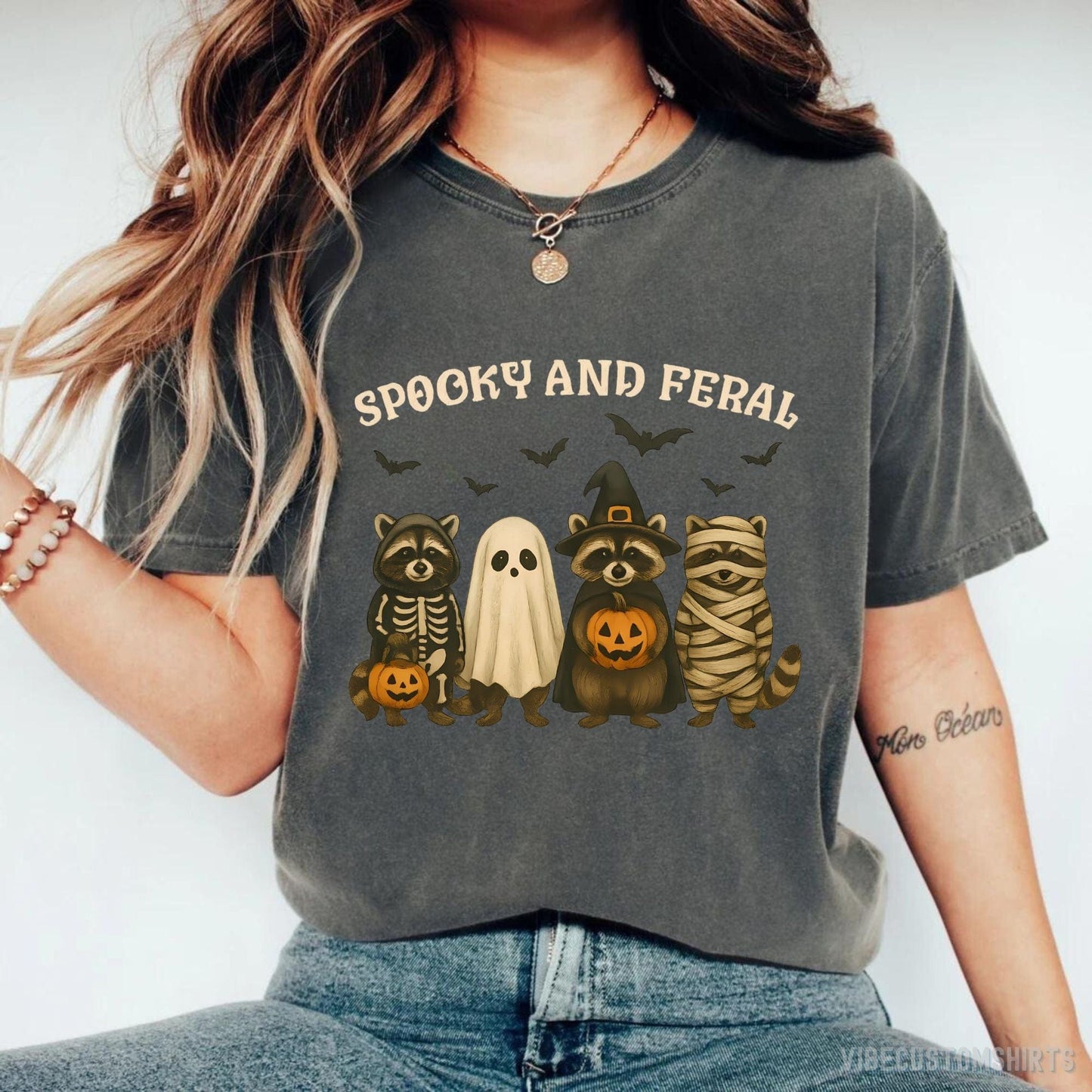 T-Shirt Dark Heather / S Spooky and Feral Raccoon Halloween Shirt