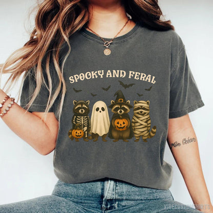 T-Shirt Dark Heather / S Spooky and Feral Raccoon Halloween Shirt