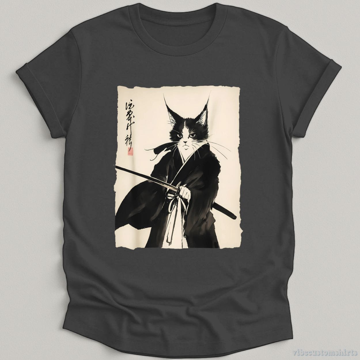 T-Shirt Dark Heather / S Vintage Warrior Samurai Cat Shirt