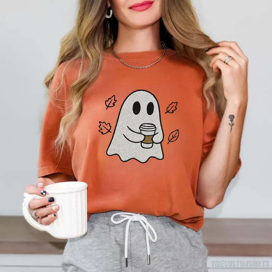 T-Shirt Heather Orange / S Funny Ghost Halloween Coffee Lover Shirt