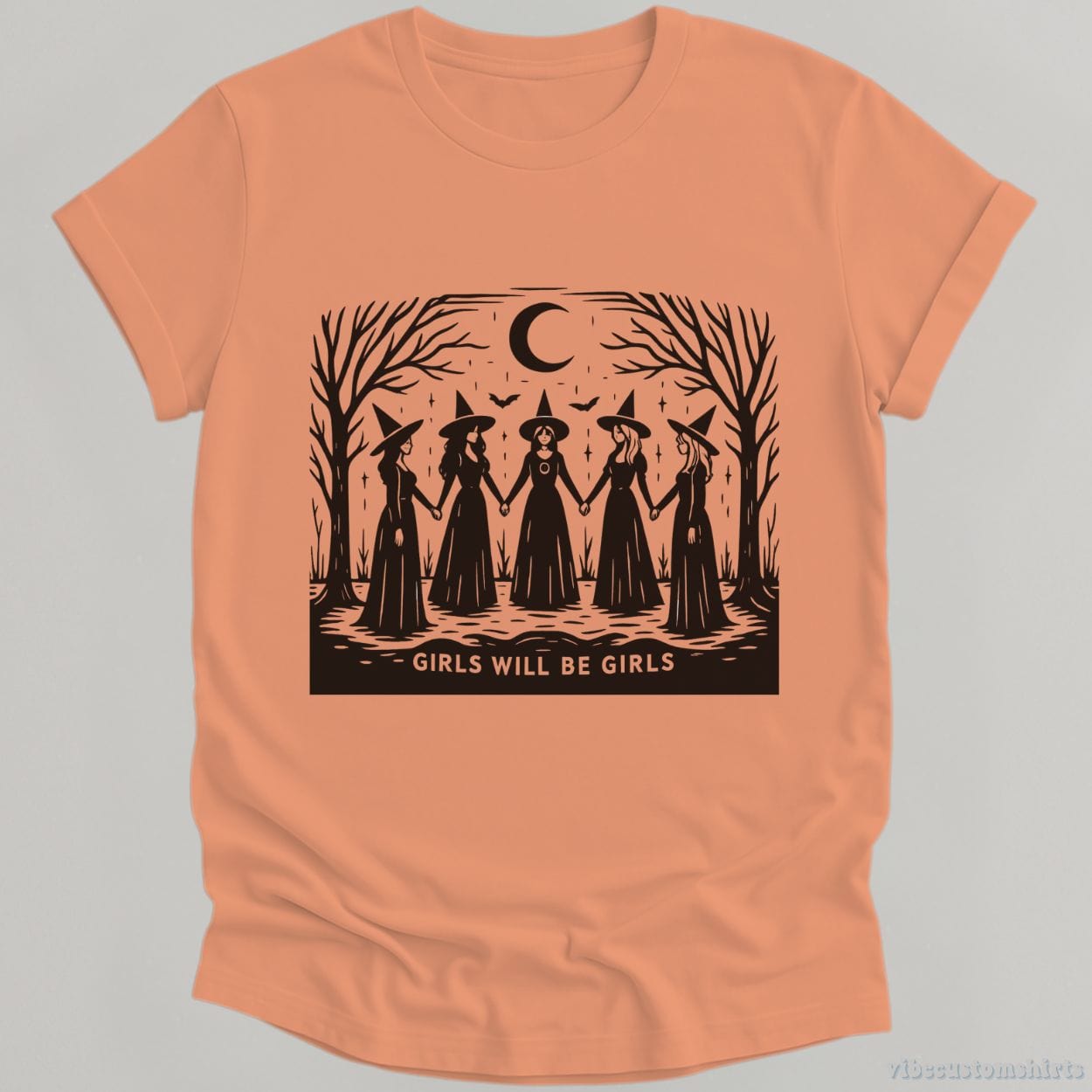 T-Shirt Heather Orange / S Girls Will Be Girls Funny Witch Vintage Shirt
