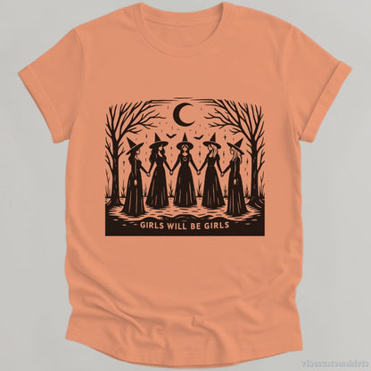 T-Shirt Heather Orange / S Girls Will Be Girls Funny Witch Vintage Shirt