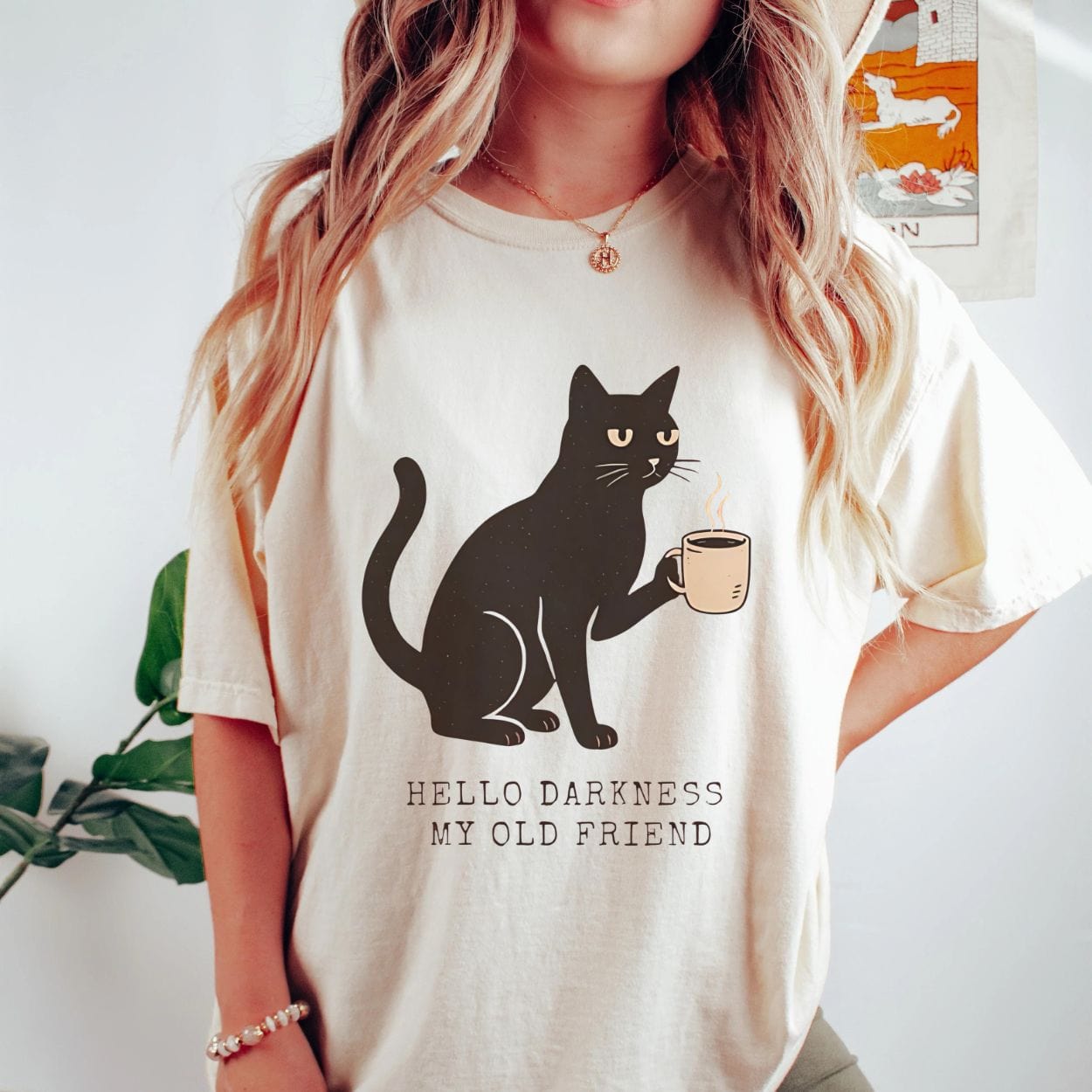 T-Shirt Hello Darkness My Old Friend Black Cat Coffee Shirt