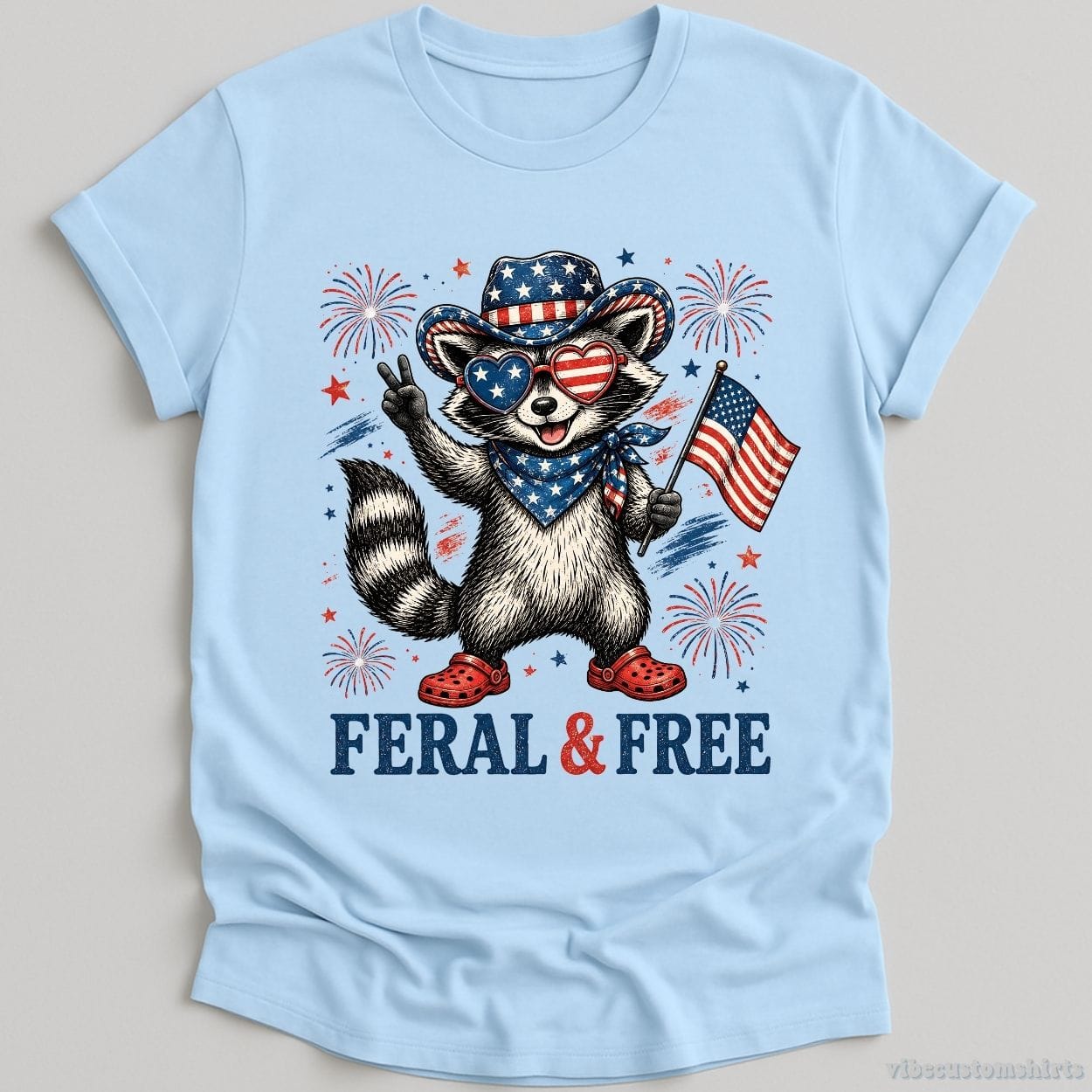 T-Shirt Light Blue / S Feral And Free Funny Patriotic Raccoon Shirt
