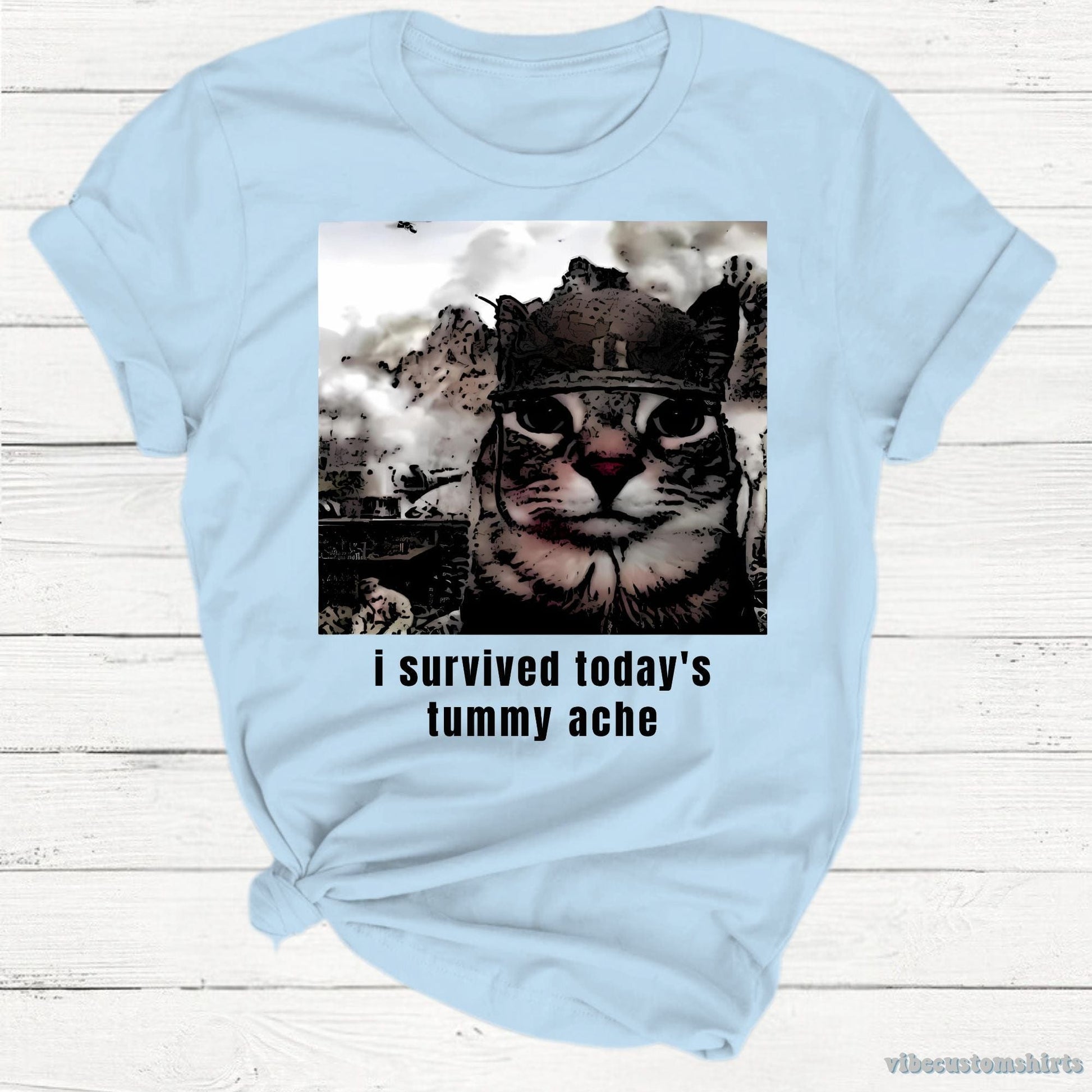 T-Shirt Light Blue / S I Survived Today's Tummy Ache Sarcastic Army Cat Meme Shirt