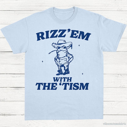 T-Shirt Light Blue / S Rizz Em With The Tism Vintage Shirt, Autism Awareness T-Shirt, Farmer Cute Frog Tee, Retro Cartoon T Shirt, Meme Frog T Shirt, Fun Gift