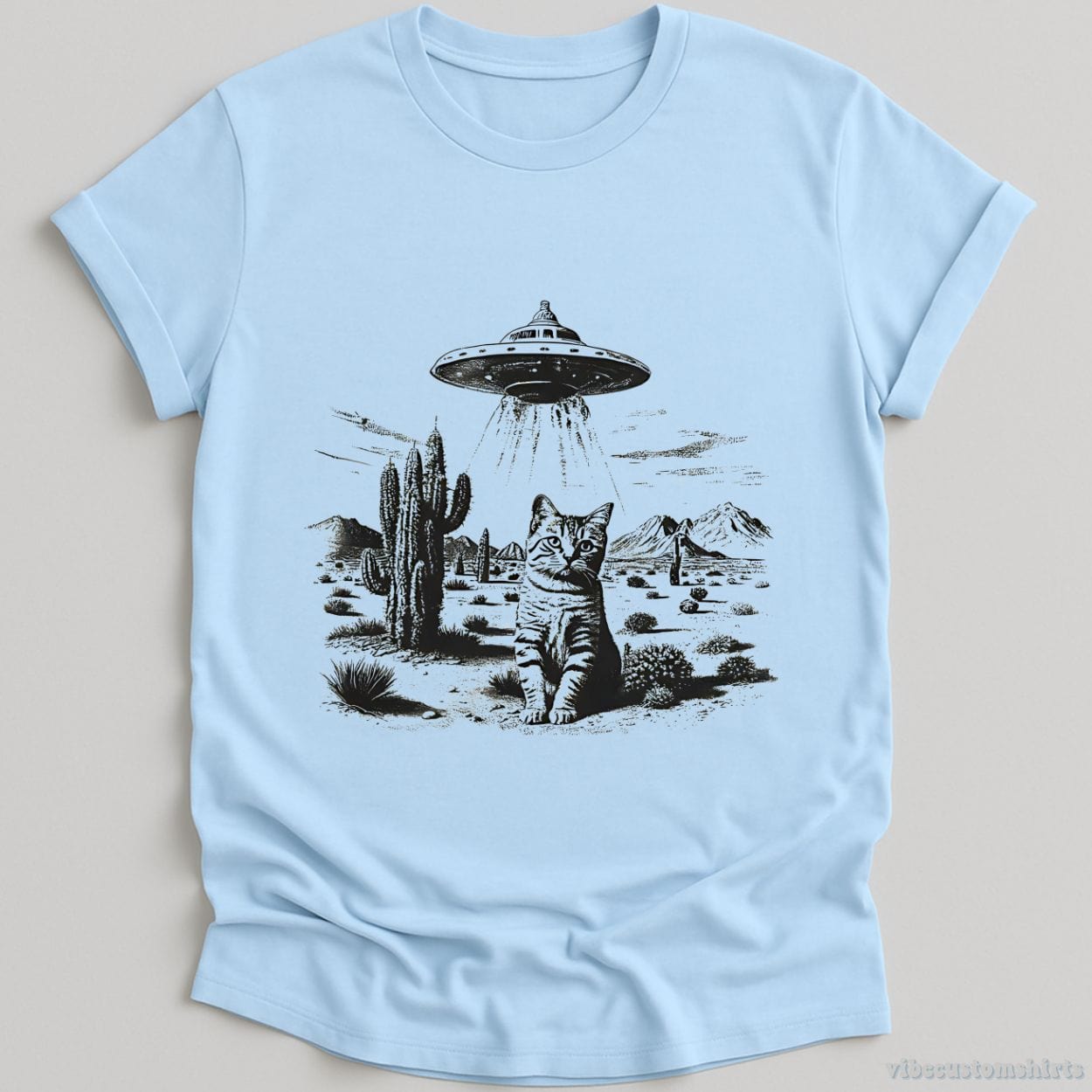 T-Shirt Light Blue / S Ufo Cat Western Vintage Style Shirt