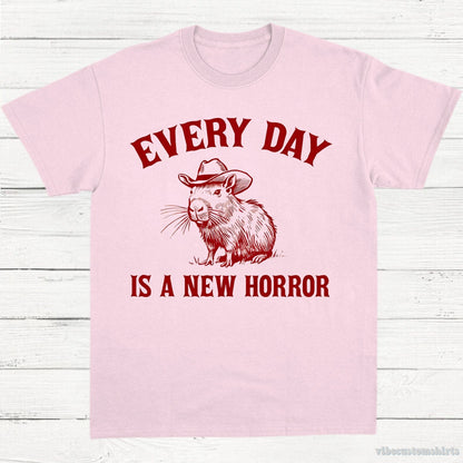 T-Shirt Light Pink / S Every Day Is a New Horror Vintage Shirt, Retro Cartoon Cabybara T Shirt, Weird T-Shirt, Cowboy Cabybara T Shirt, Fun Gift, Unisex Shirt