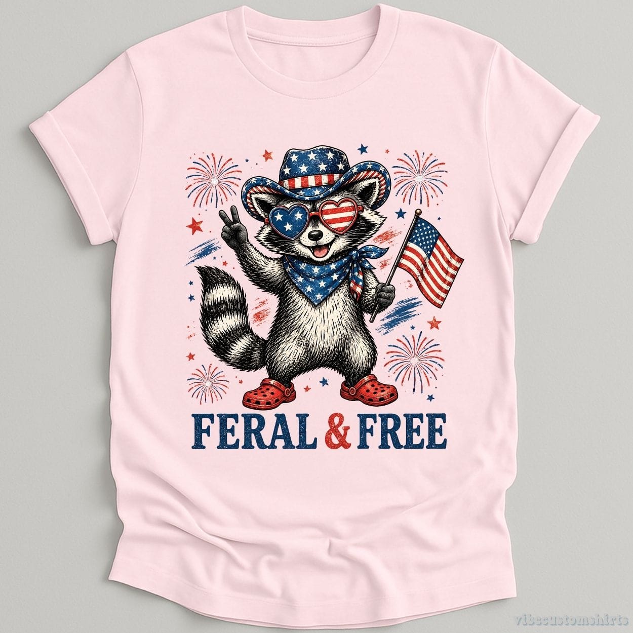 T-Shirt Light Pink / S Feral And Free Funny Patriotic Raccoon Shirt