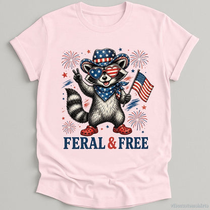 T-Shirt Light Pink / S Feral And Free Funny Patriotic Raccoon Shirt