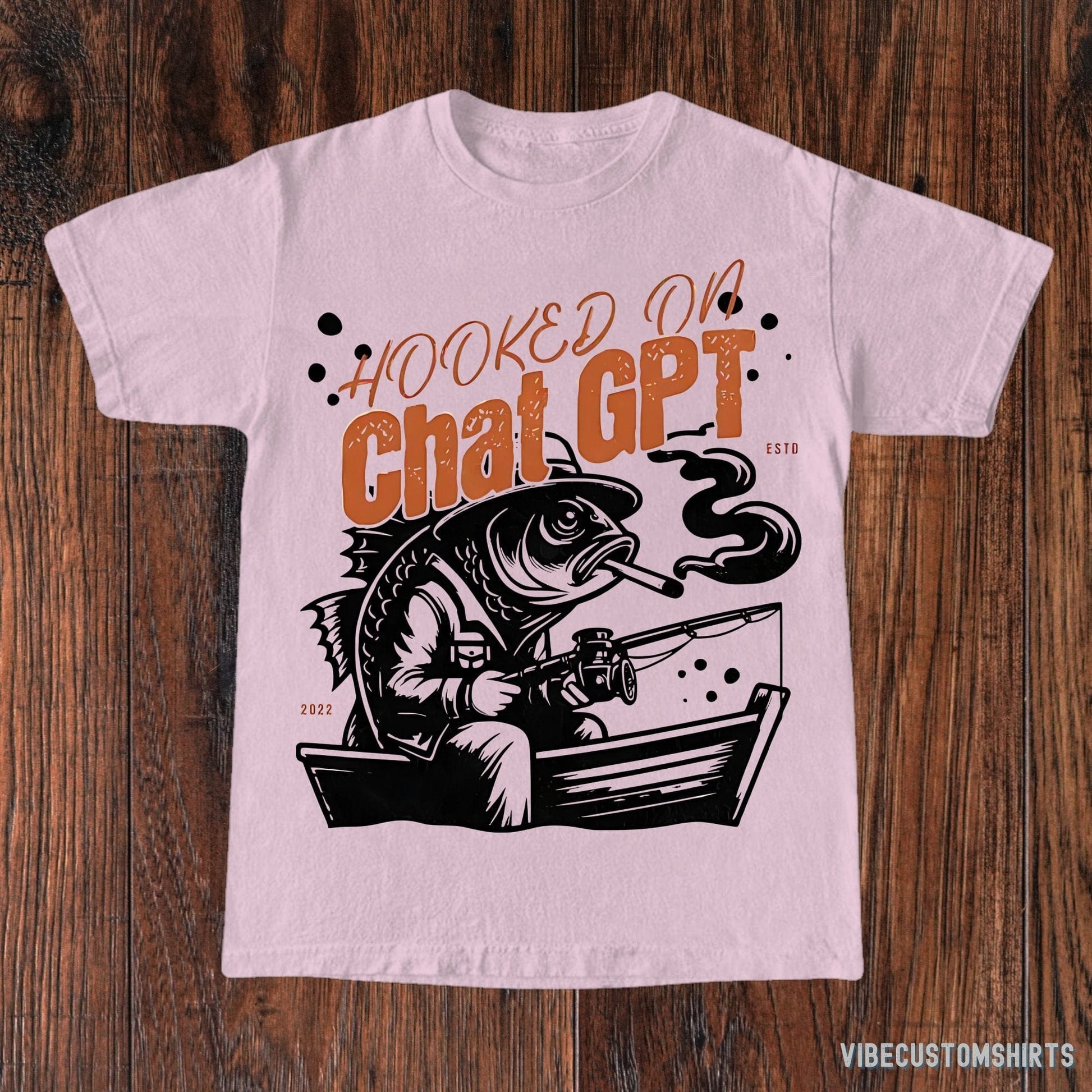 T-Shirt Light Pink / S Hooked On Chat GPT Funny Shirt, Vintage Funny Fishing T-Shirt, Ai Took My Job Tee, Funny ChatGpt Tee, Fun Chat GPT Gift