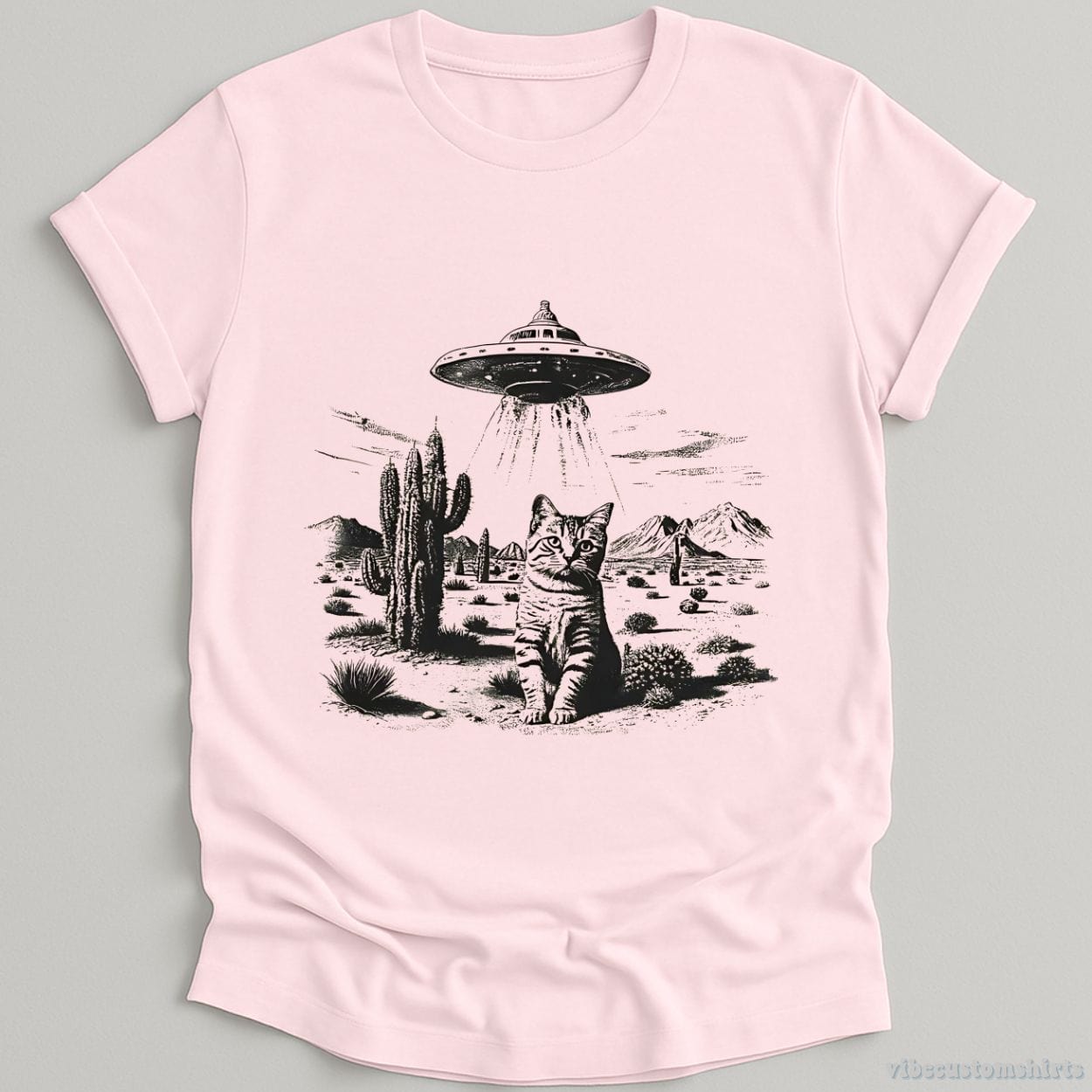 T-Shirt Light Pink / S Ufo Cat Western Vintage Style Shirt