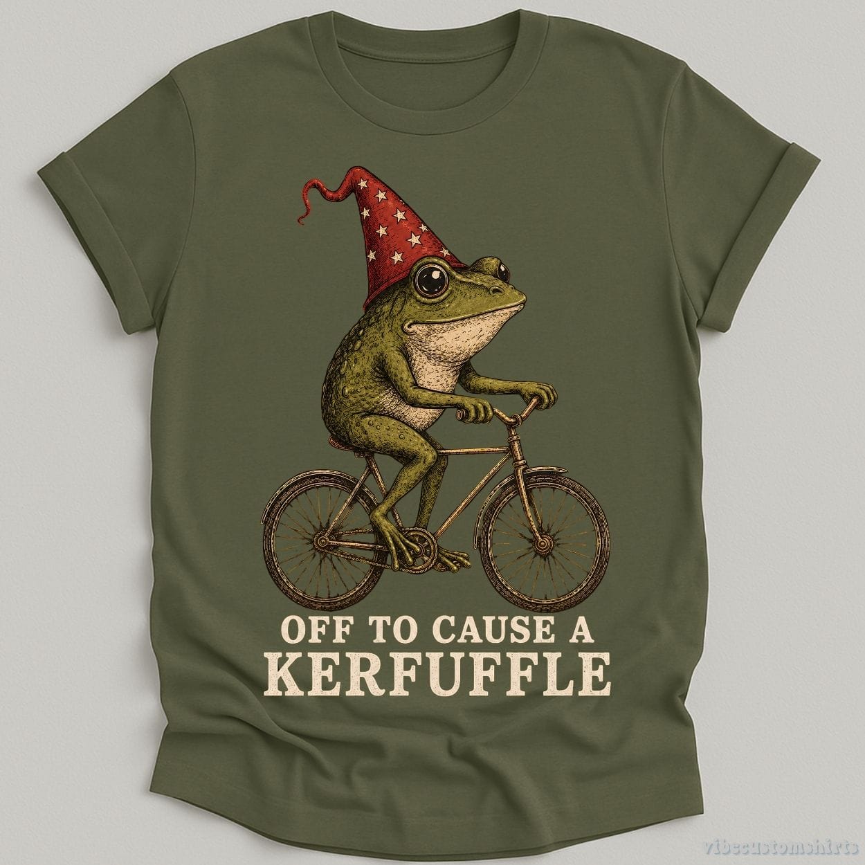 T-Shirt Military Green / S Off To Cause A Kerfuffle Vintage Frog on a Bicycle Shirt