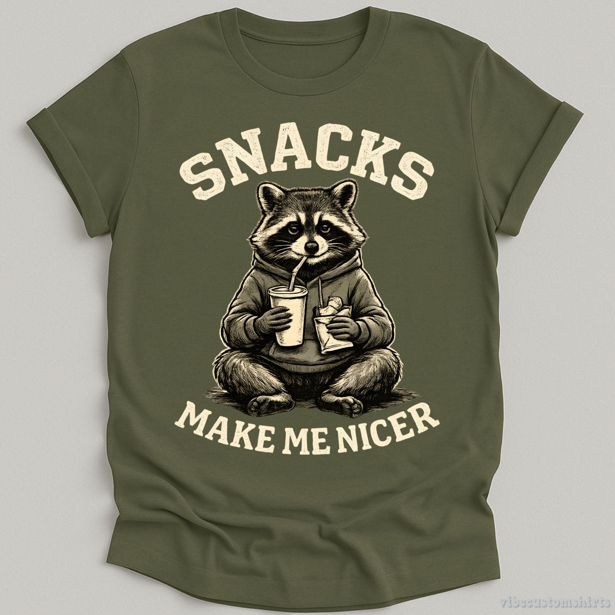 T-Shirt Military Green / S Snacks Make Me Nicer Trash Panda Shirt