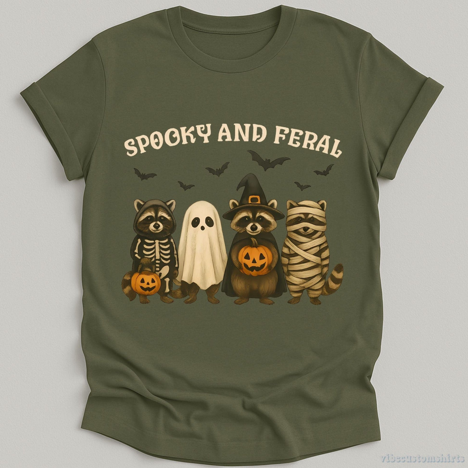 T-Shirt Military Green / S Spooky and Feral Raccoon Halloween Shirt