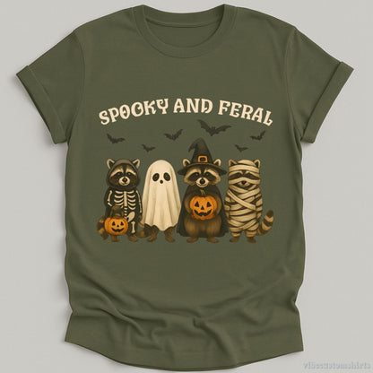 T-Shirt Military Green / S Spooky and Feral Raccoon Halloween Shirt