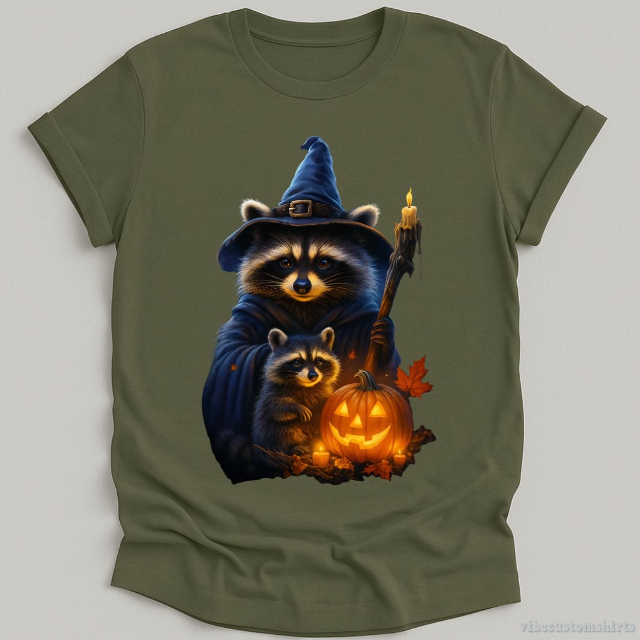 T-Shirt Military Green / S Spooky Baby Raccoon Wizard Halloween Shirt