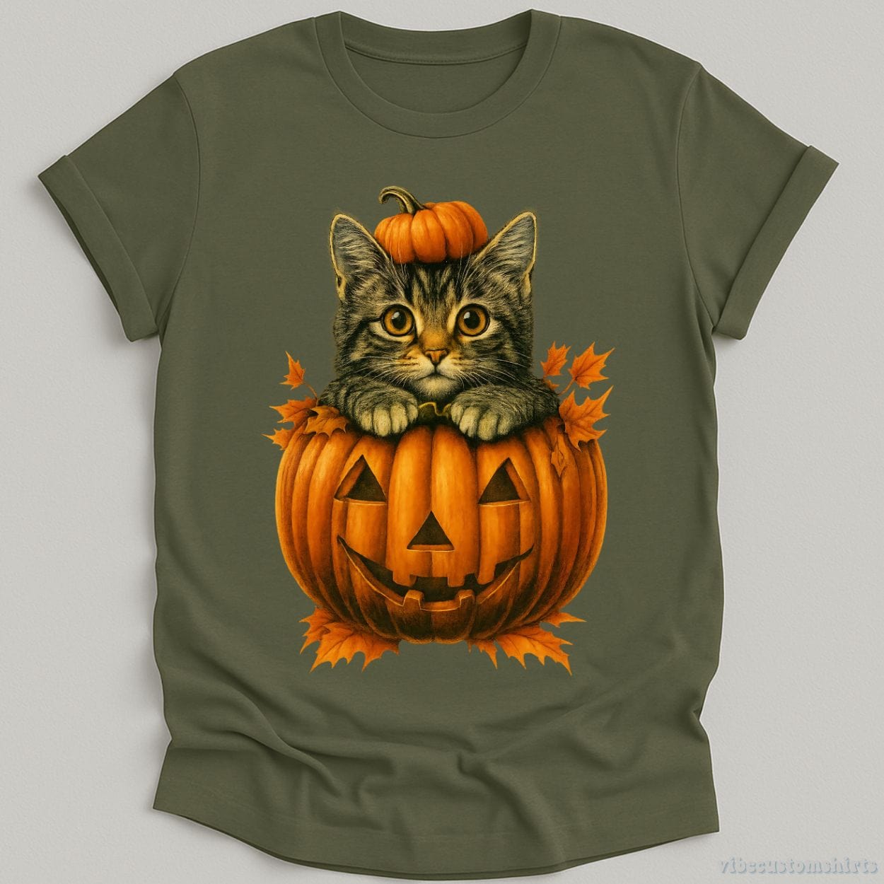 T-Shirt Military Green / S Spooky Cat in Pumpkin Halloween Shirt