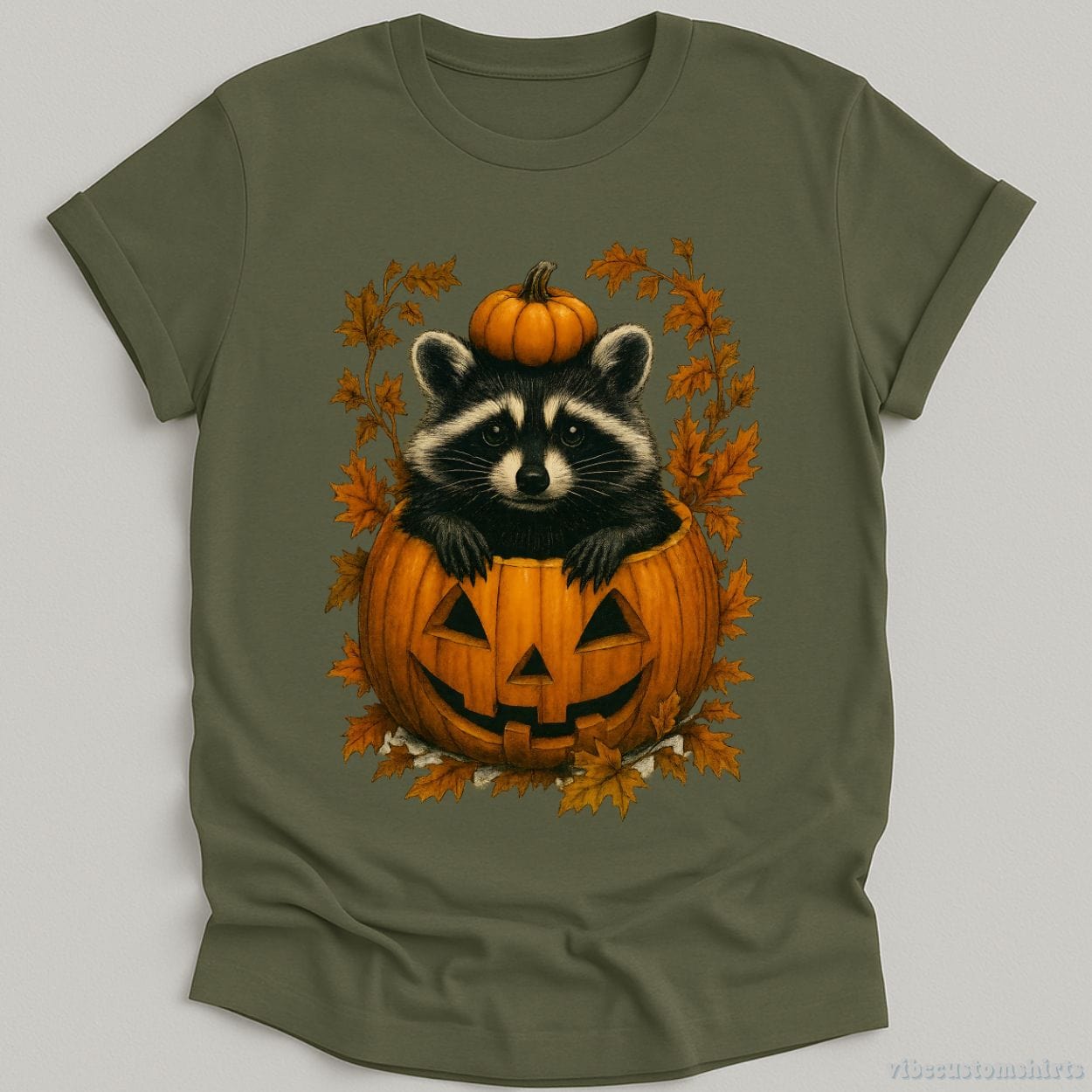 T-Shirt Military Green / S Spooky Raccoon in Pumpkin Halloween Shirt