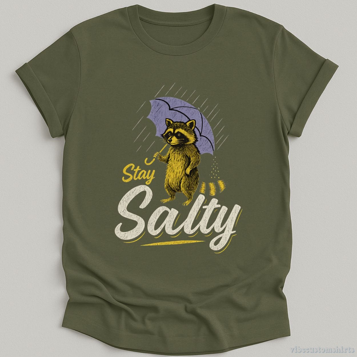T-Shirt Military Green / S Stay Salty Funny Raccoon Shirt