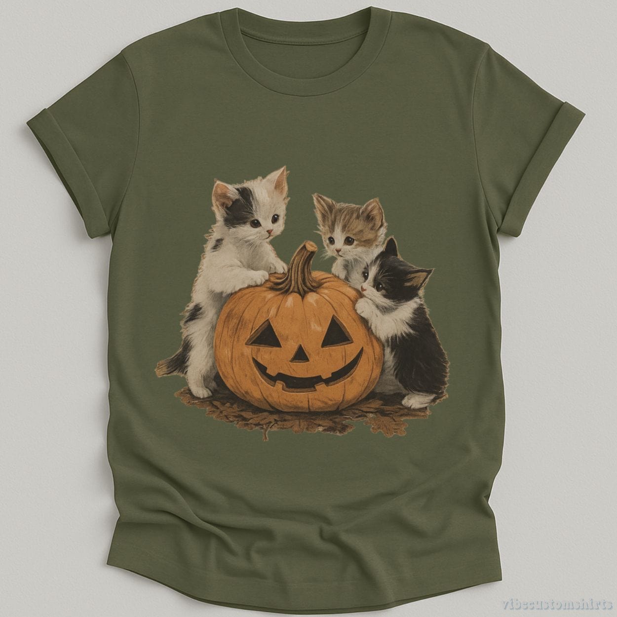 T-Shirt Military Green / S Vintage 90s Cat Retro Halloween Shirt