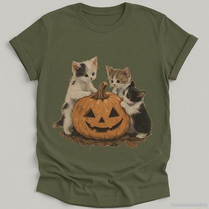 T-Shirt Military Green / S Vintage 90s Cat Retro Halloween Shirt